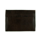 A small cardholder made of dark brown vegan leather. 2 card slots on each side, rectangular shaped.