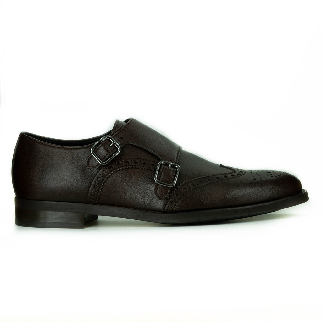 A brown dress shoe with double monk detailing - 2 silver buckles on top. Brogue detailing on top. Dark brown sole.