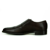 A brown dress shoe with double monk detailing - 2 silver buckles on top. Brogue detailing on top. Dark brown sole.