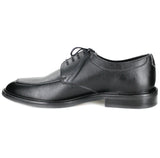 A black vegan leather men's dress shoe, lace up with 4 eyelets. Squared toe shape. Black lining and sole.