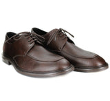 A dark brown vegan leather men's dress shoe, lace up with 4 eyelets. Squared toe shape. Black lining and dark brown sole.