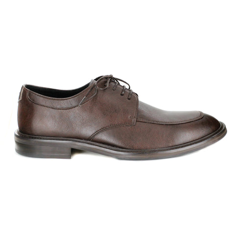A dark brown vegan leather men's dress shoe, lace up with 4 eyelets. Squared toe shape. Black lining and dark brown sole.