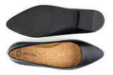 Overhead of flat to show cork insole and Ahimsa logo inside, bottom of sole with logo and sizing.