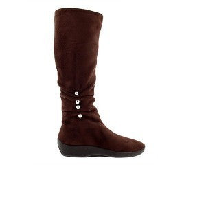 Knee high brown microsuede boot with bead detailing on side. Inside zipper, rubber sole.
